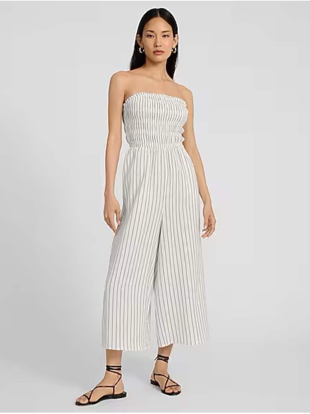 Abercrombie & Fitch Beige and White Striped Strapless Jumpsuit